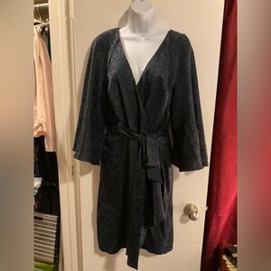 DKNY Floral Jacquard Satin Cape-Sleeve Faux Wrap Belted Dress Navy size 10